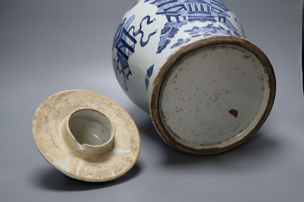 A 19th century Chinese blue and white jar and cover, height 43cm overall